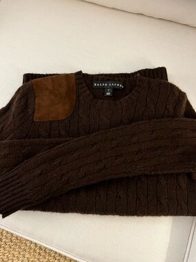 Ralph Lauren Women’s S Brown Cable Cashmere Sweater Suede Shoulder patch size S